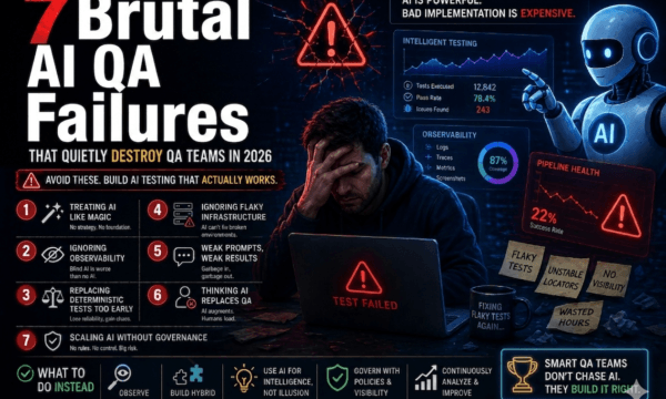 AI QA Failures dashboard showing observability issues and fragile automation systems