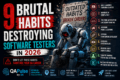 9 Brutal Habits Destroying Software Testers in 2026 5 futuristic QA robot analyzing dangerous habits destroying software testers in modern AI-driven engineering environments