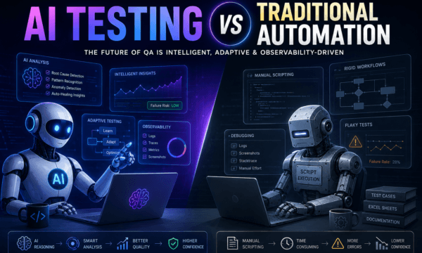 AI testing vs traditional automation architecture with Playwright telemetry dashboards and intelligent QA orchestration systems