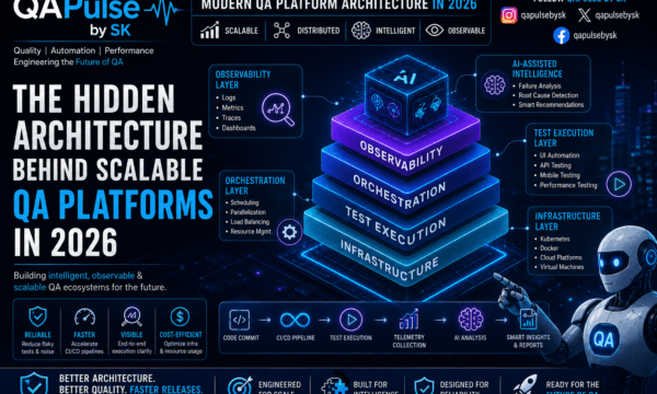 QA Platform Architecture dashboard showing distributed testing telemetry observability pipelines and AI-powered automation systems