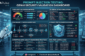 Prompt Injection Testing dashboard showing AI security validation, jailbreak attack simulations, RAG security testing workflows, AI agent protection mechanisms, and enterprise GenAI quality engineering practices