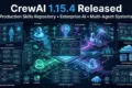 CrewAI 1.15.4 Released illustrating production-ready Skills Repository, AI agent orchestration, enterprise workflow automation, and multi-agent collaboration