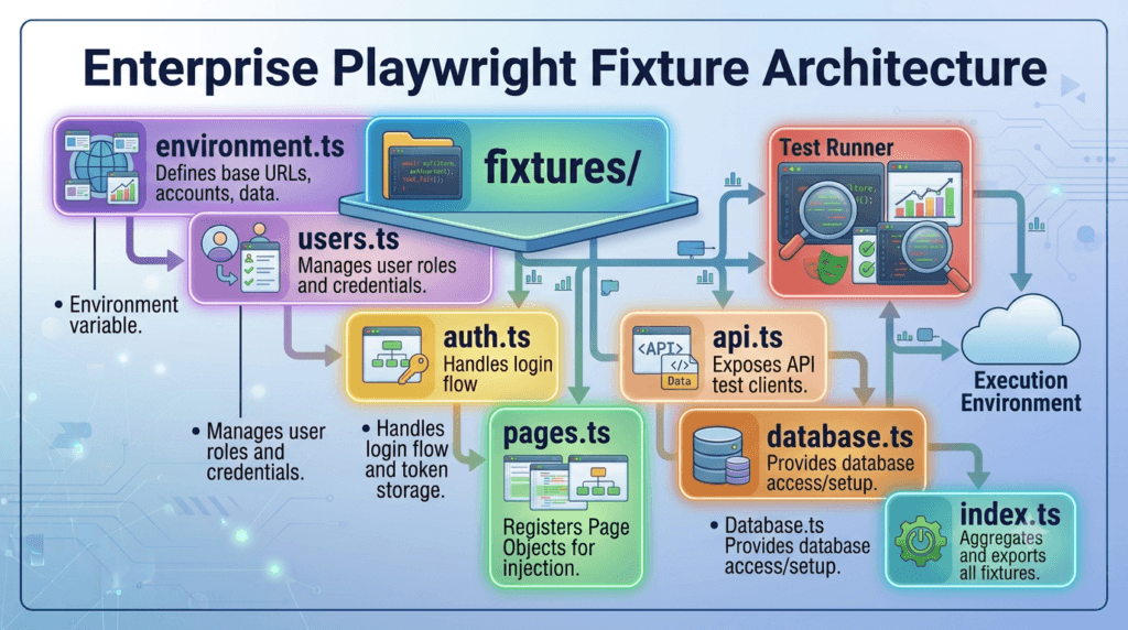 Day 11: Playwright Fixtures: Build Reusable and Maintainable Test Setup 4 Folder structure for an enterprise Playwright Fixtures architecture.