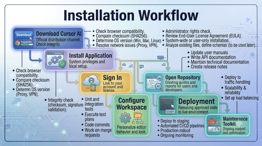 Install Cursor AI: Complete Step-by-Step Setup Guide for Windows, macOS, and Linux (2026) 2 Cursor AI: Installation Workflow