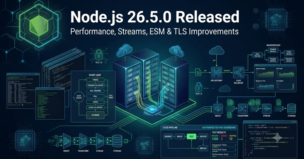 Node.js 26.5.0 Released: Performance, Streams & ESM Improvements for QA Engineers Node.js 26.5.0 Released: Performance, Streams & ESM Improvements for QA Engineers