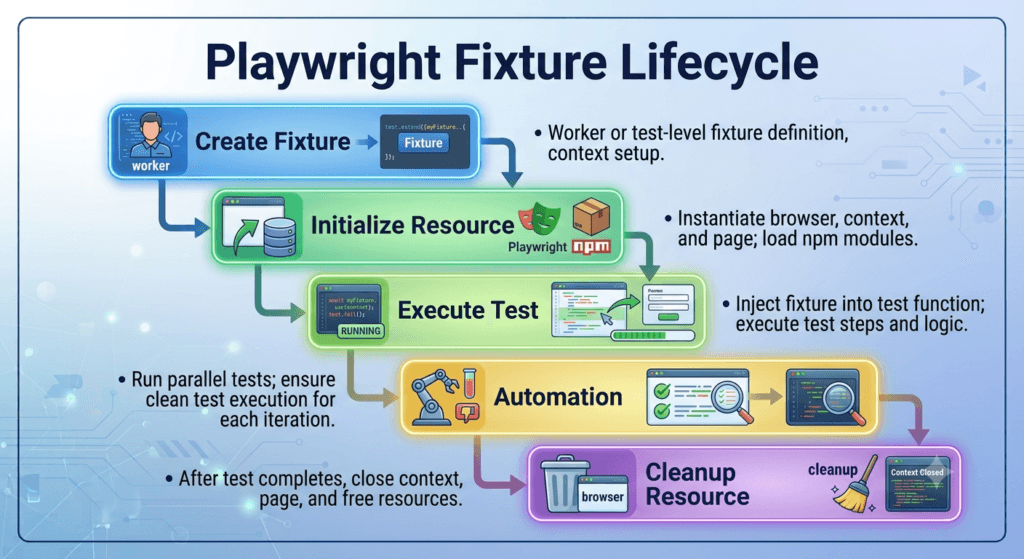 Day 11: Playwright Fixtures: Build Reusable and Maintainable Test Setup 2 Lifecycle of Playwright Fixtures showing setup, execution, and cleanup.