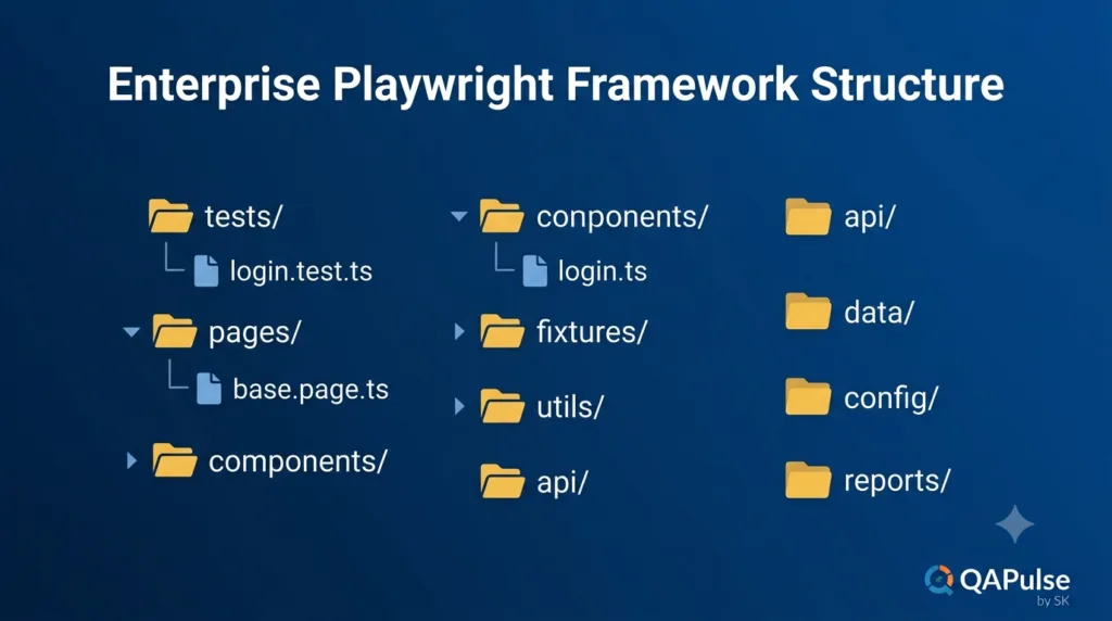 Day 10: Playwright Page Object Model (POM): Build a Scalable Test Framework Folder structure of an enterprise Playwright Page Object Model framework.