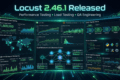 Locust 2.46.1 Released dashboard showing distributed performance testing, API load testing, Python automation, virtual users, cloud infrastructure, CI/CD pipelines, and enterprise QA analytics