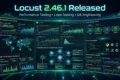 Locust 2.46.1 Released dashboard showing distributed performance testing, API load testing, Python automation, virtual users, cloud infrastructure, CI/CD pipelines, and enterprise QA analytics