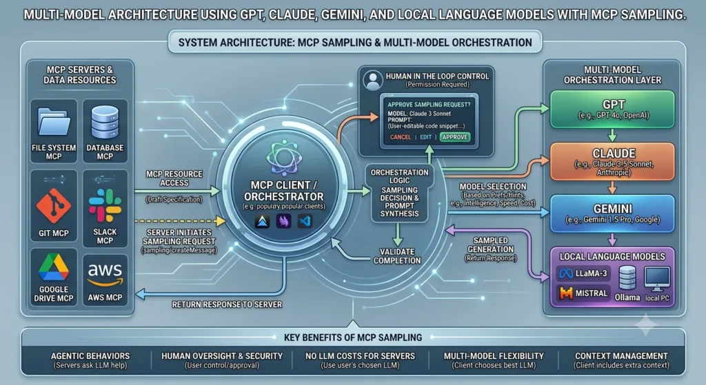 Multi-model architecture using GPT Claude Gemini and local language models with MCP Sampling