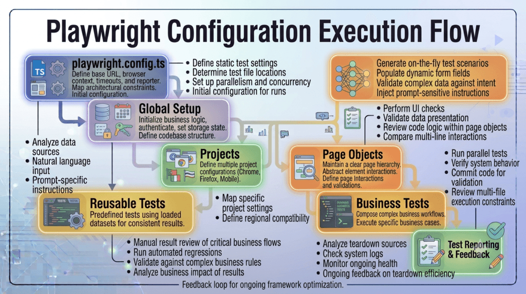 Playwright Configuration File execution flow from configuration to reporting in an enterprise automation framework.