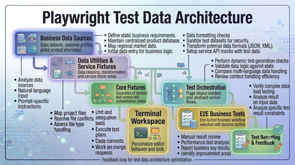 Day 12: Playwright Test Data Management: Build Reliable and Scalable Test Data Strategies 3 Playwright Test Data Management architecture showing data utilities, fixtures, Page Objects, and business tests.