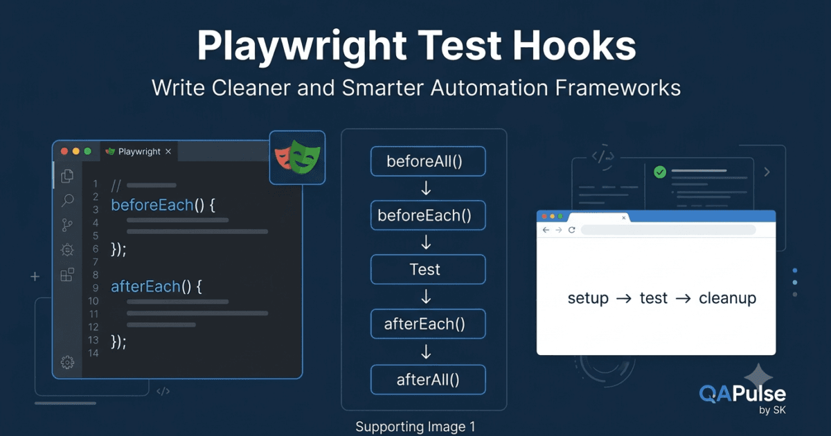 Day 8: Playwright Test Hooks: Complete Guide to beforeAll, beforeEach, afterEach, and afterAll Explained 1 Day 8: Playwright Test Hooks: Complete Guide to beforeAll, beforeEach, afterEach, and afterAll Explained