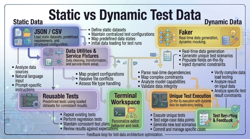 Day 12: Playwright Test Data Management: Build Reliable and Scalable Test Data Strategies Comparison of static and dynamic Playwright Test Data Management strategies.
