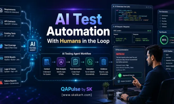 AI test automation with humans in the loop showing an AI testing agent and SDET approval workflow