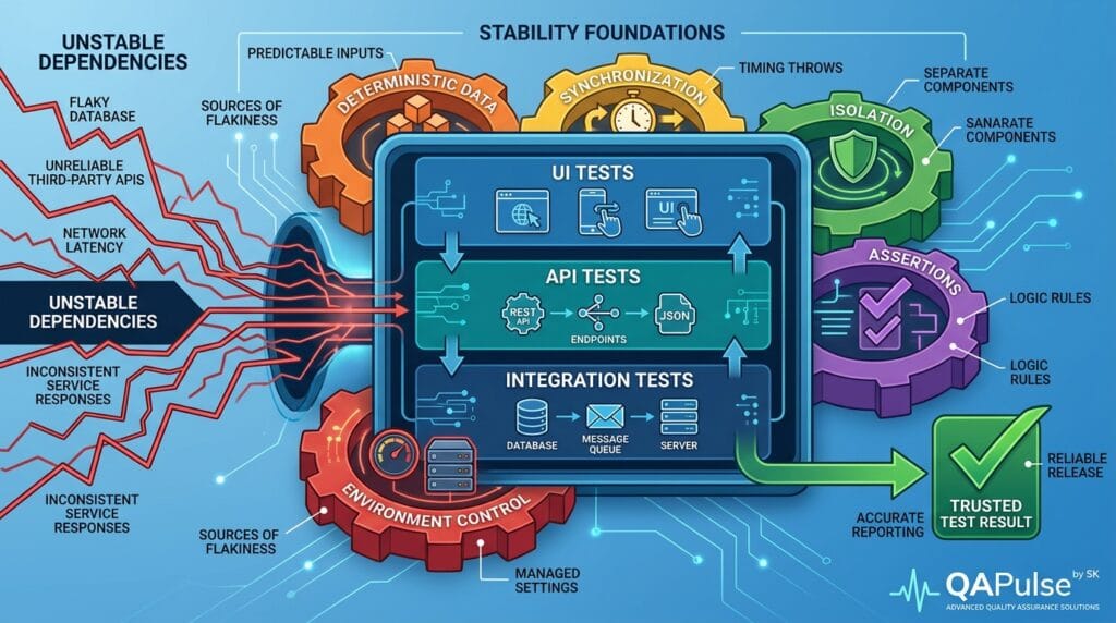 Stable Automated Tests: A Powerful Guide to UI, API & Integration 2 Engineering Infographic Showing a Three-layer test architecture