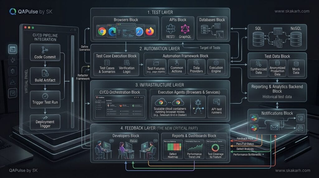 How to Build a More Reliable Test Automation Architecture Engineering diagram showing complete four layer of test automation framework