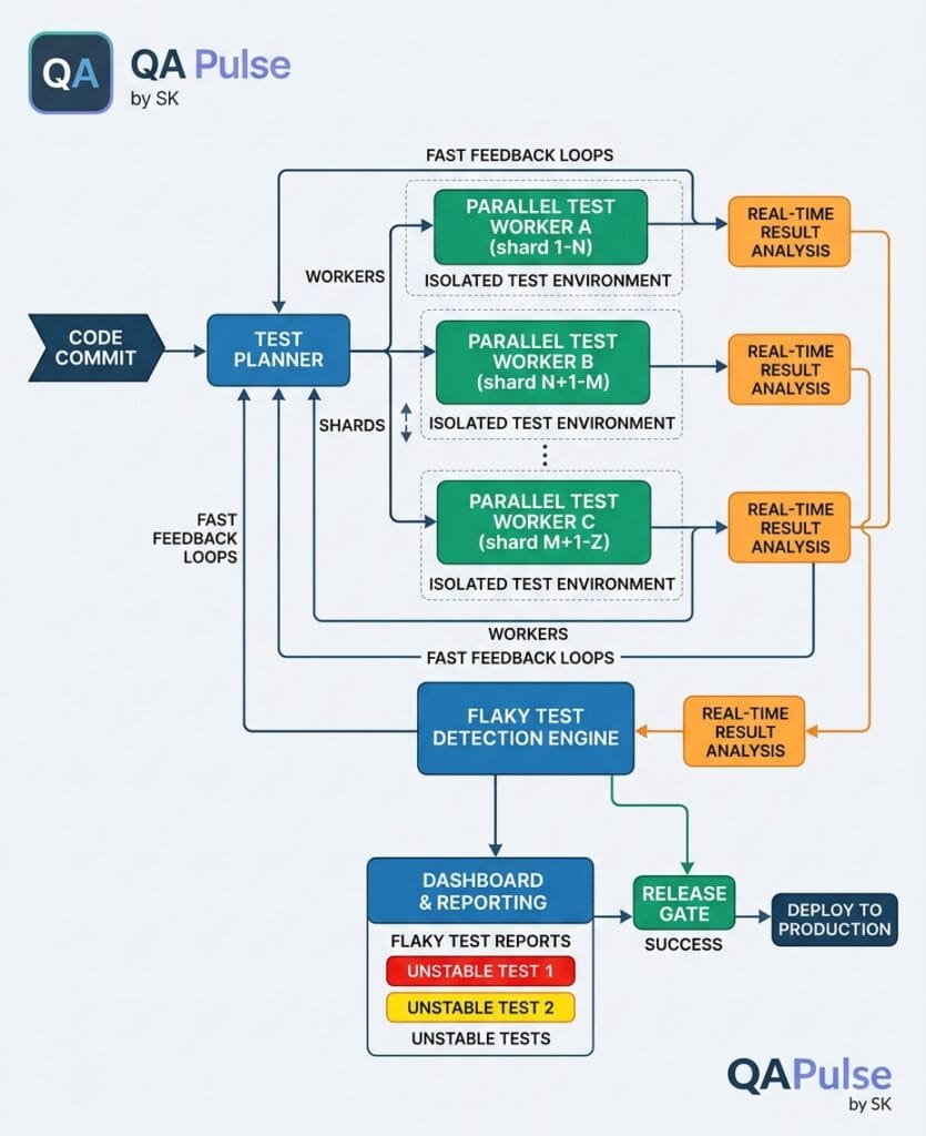 Test Automation Framework Health: 9 Signs Your Tests Are Lying to You Enterprise CI/CD test automation pipeline divided into parallel test workers and shards