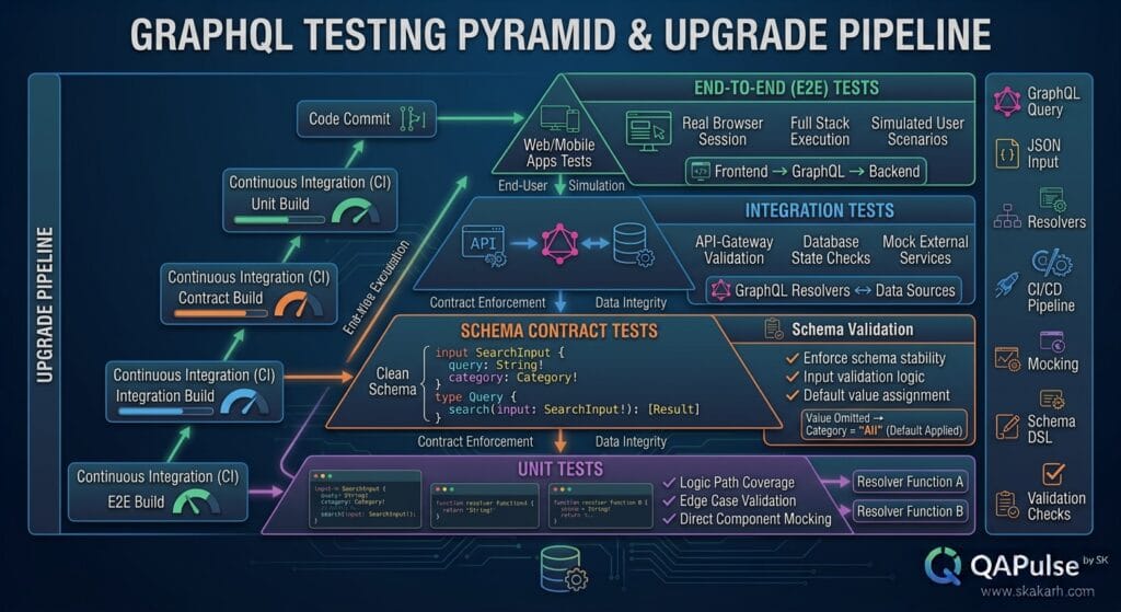 GraphQL 17.0.2: A Small Release With a Big Schema-Compatibility Lesson 3 GraphQL testing pyramid showing Unit Tests, Schema Contract Tests, Integration Tests, and End-to-End Tests