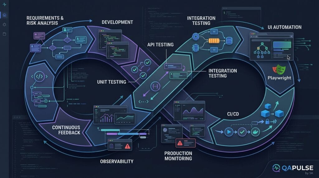 What is QA Engineering? A Practical Guide to Modern Software Quality 2 Modern QA engineering lifecycle connecting testing automation CI/CD and software observability