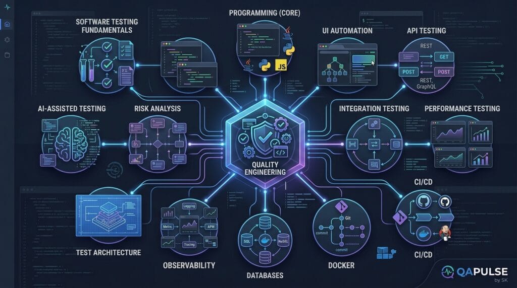 What is QA Engineering? A Practical Guide to Modern Software Quality 3 Modern QA engineering skills map covering automation API testing CI/CD architecture and observability