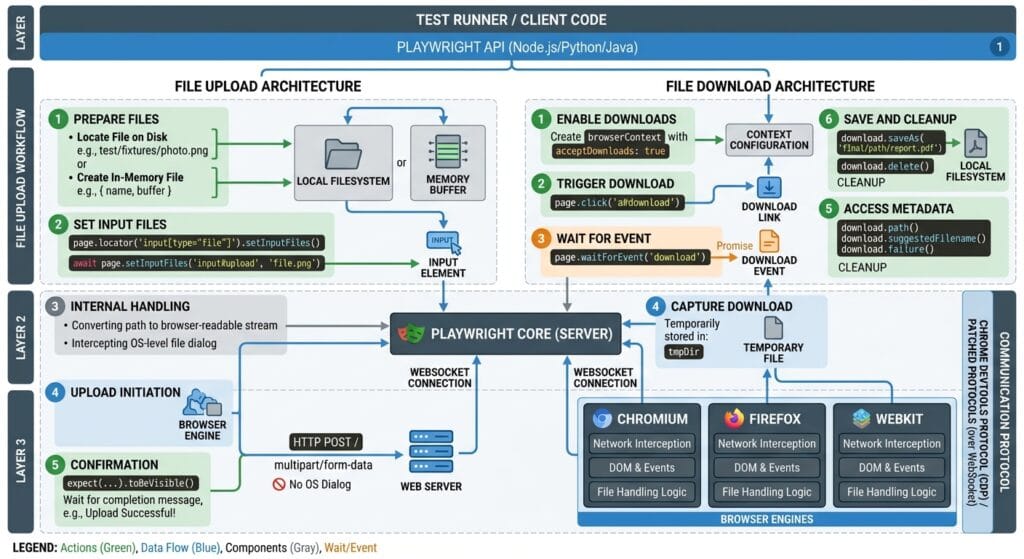 Playwright File Uploads and Downloads: 6 Flawless Steps 2 Playwright File Uploads and Downloads Architecture Workflow