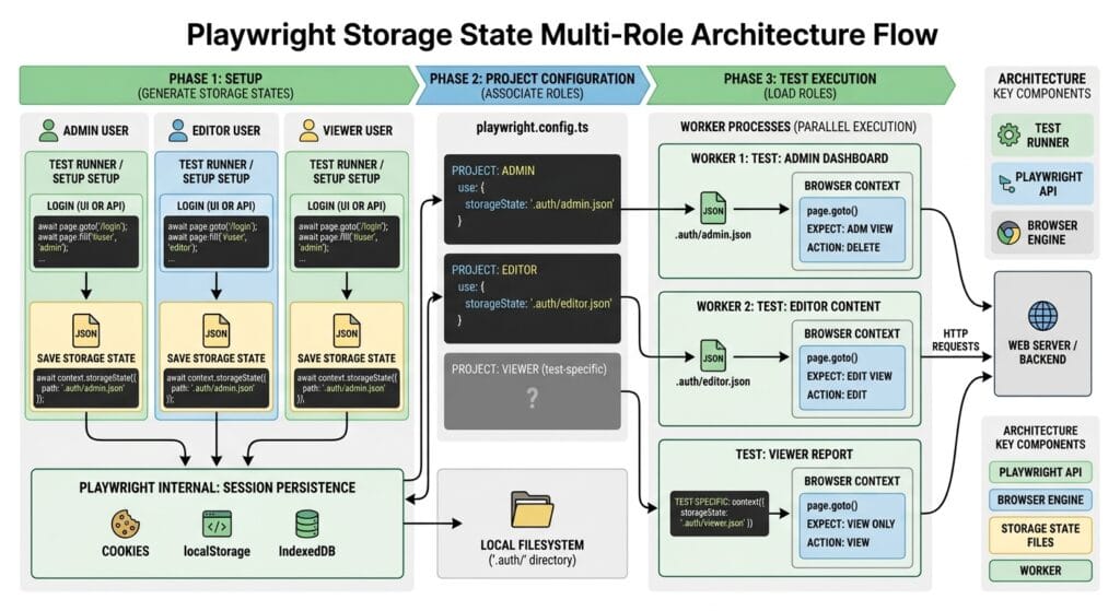 Playwright Storage State: 5 Flawless Auth Secrets 2 Playwright Storage State Multi-Role Architecture Flow