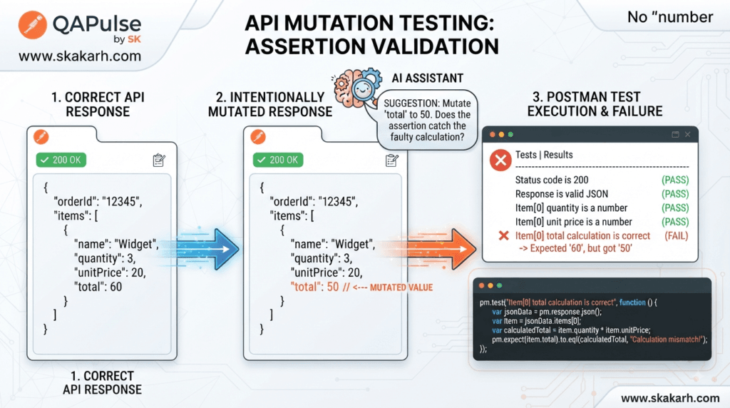 Postman AI API Assertions: Build Reliable Response Validation 8 Postman AI API Assertions detecting a mutated API response through business-rule validation.