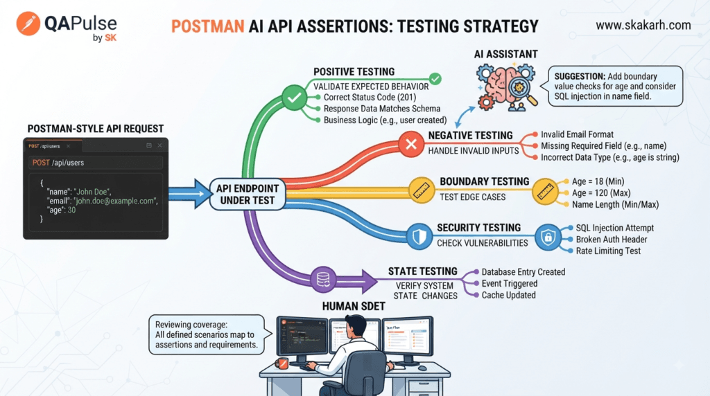 Postman AI API Assertions: Build Reliable Response Validation 5 Postman AI API Assertions strategy for positive, negative, boundary, security, and state testing