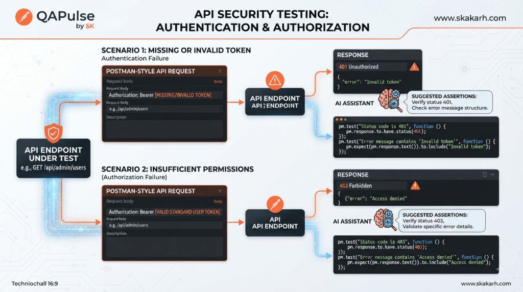 Postman AI API Assertions: Build Reliable Response Validation 6 Postman AI API Assertions validating authentication and authorization responses with 401 and 403 errors