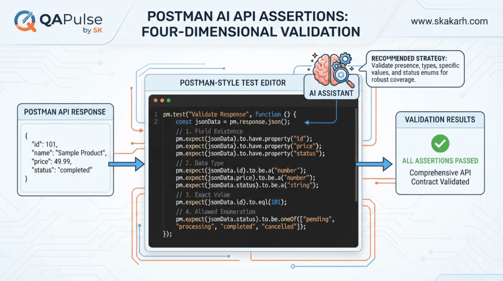 Postman AI API Assertions: Build Reliable Response Validation 4 Postman AI API Assertions validating response fields, data types, exact values, and allowed status values