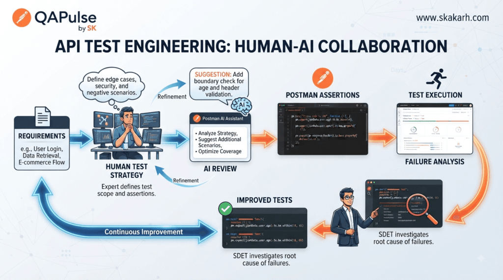 Postman AI API Assertions: Build Reliable Response Validation 7 Postman AI API Assertions workflow combining human test strategy, AI review, execution, and failure analysis