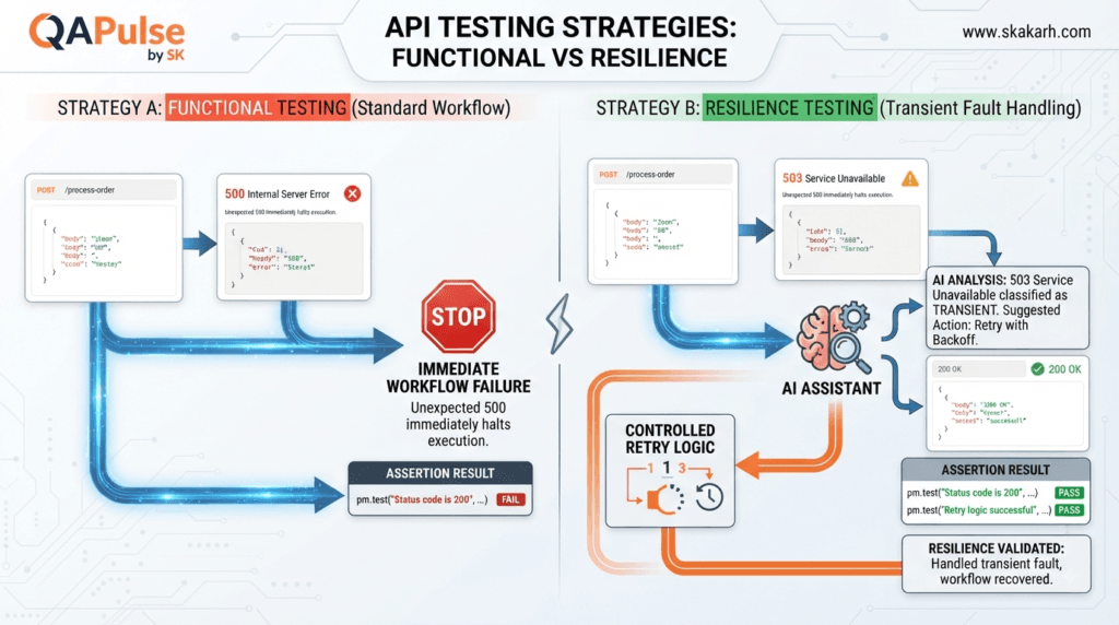 Postman AI API Workflows comparing functional failure handling with controlled API retry testing