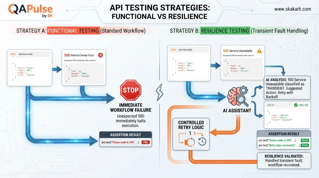 Postman AI API Workflows comparing functional failure handling with controlled API retry testing