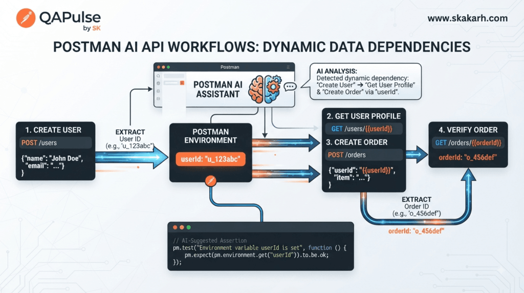 Postman AI API Workflows passing dynamic data between dependent API requests