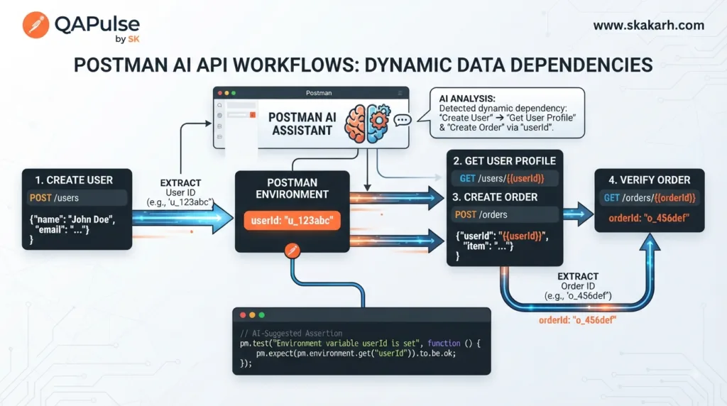 Postman AI API Workflows passing dynamic data between dependent API requests