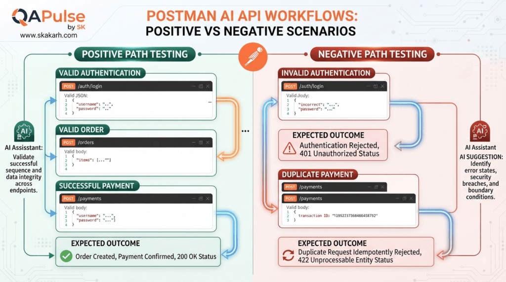 Postman AI API Workflows positive and negative API scenario validation