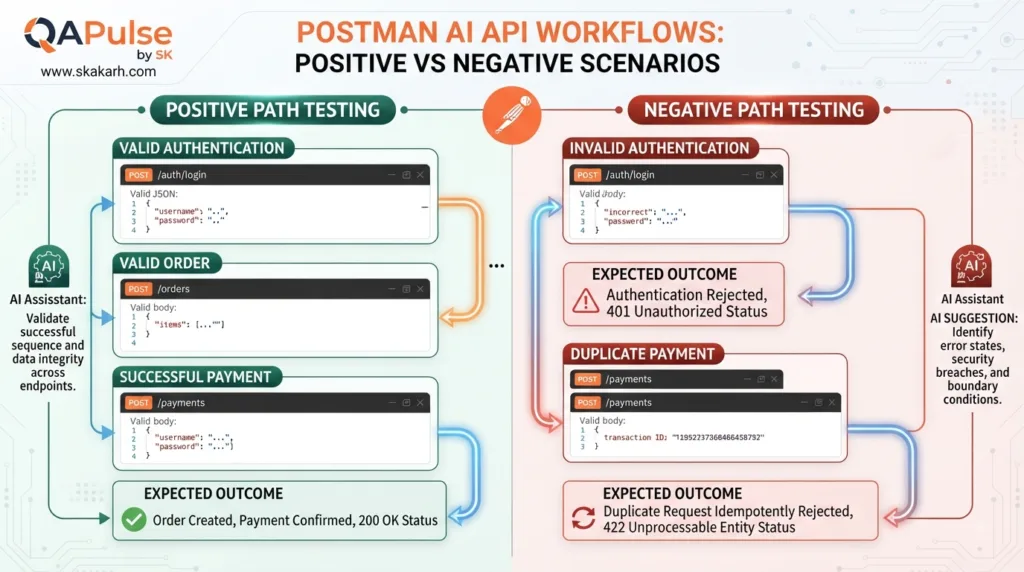 Postman AI API Workflows positive and negative API scenario validation