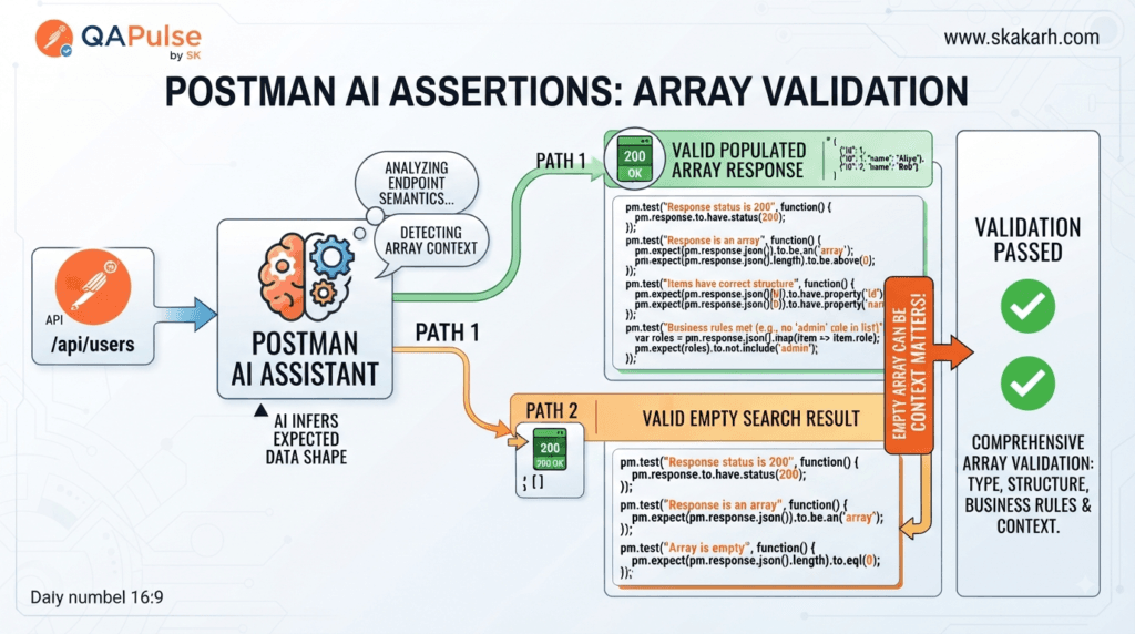 Postman AI API Assertions: Build Reliable Response Validation 3 Postman AI Assertions for validating API arrays, response structure, and endpoint-specific behavior