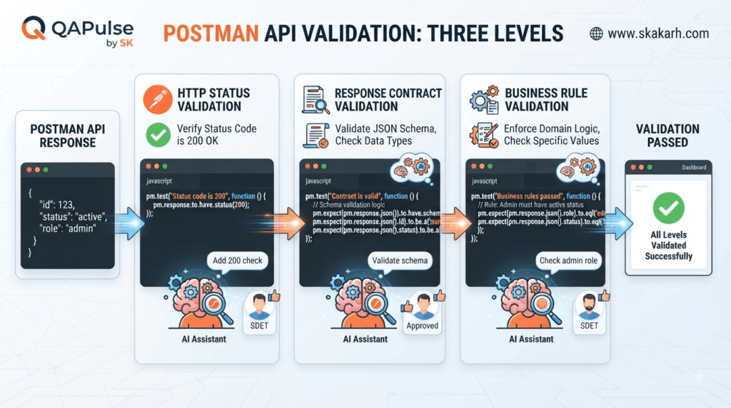 Postman AI API Assertions: Build Reliable Response Validation 2 Postman AI Assertions validating HTTP status, API response structure, and business rules