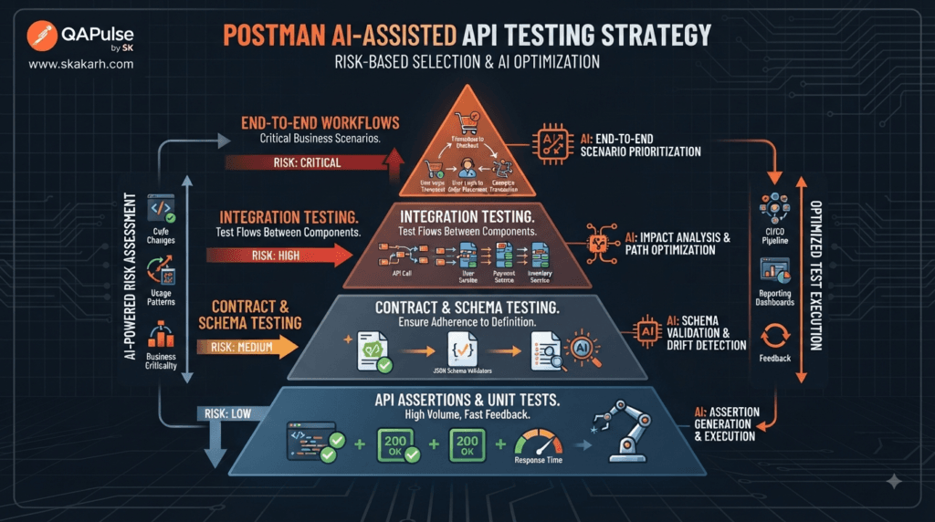 Postman AI Automation: From AI Suggestions to Automated API Tests 5 Postman AI Automation risk-based API testing pyramid with assertions, contract tests, integration tests, and end-to-end workflows