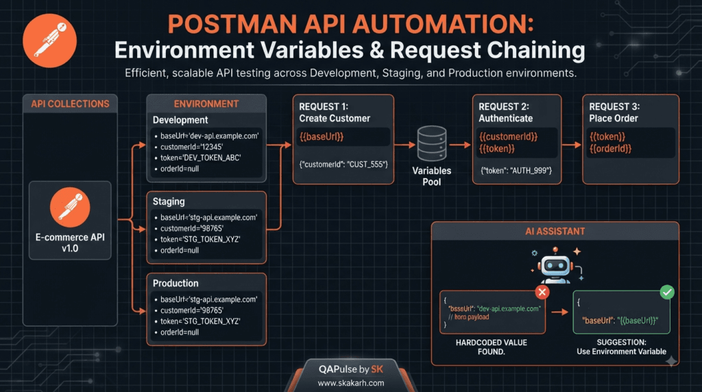 Postman AI Automation: From AI Suggestions to Automated API Tests 4 Postman AI Automation using environment variables and request chaining across development, staging, and production APIs