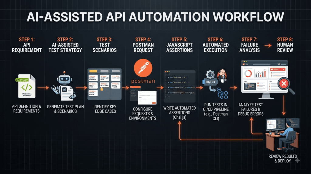 Postman AI Automation: From AI Suggestions to Automated API Tests 2 Postman AI Automation workflow from API requirements to AI-assisted test strategy, automated assertions, execution, and human review.
