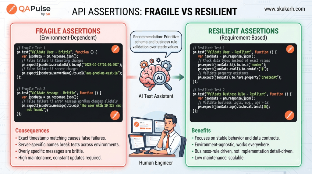 Postman AI Test Scripts: Generate Smarter JavaScript Assertions 6 Postman AI Test Scripts comparison of fragile and resilient API assertions