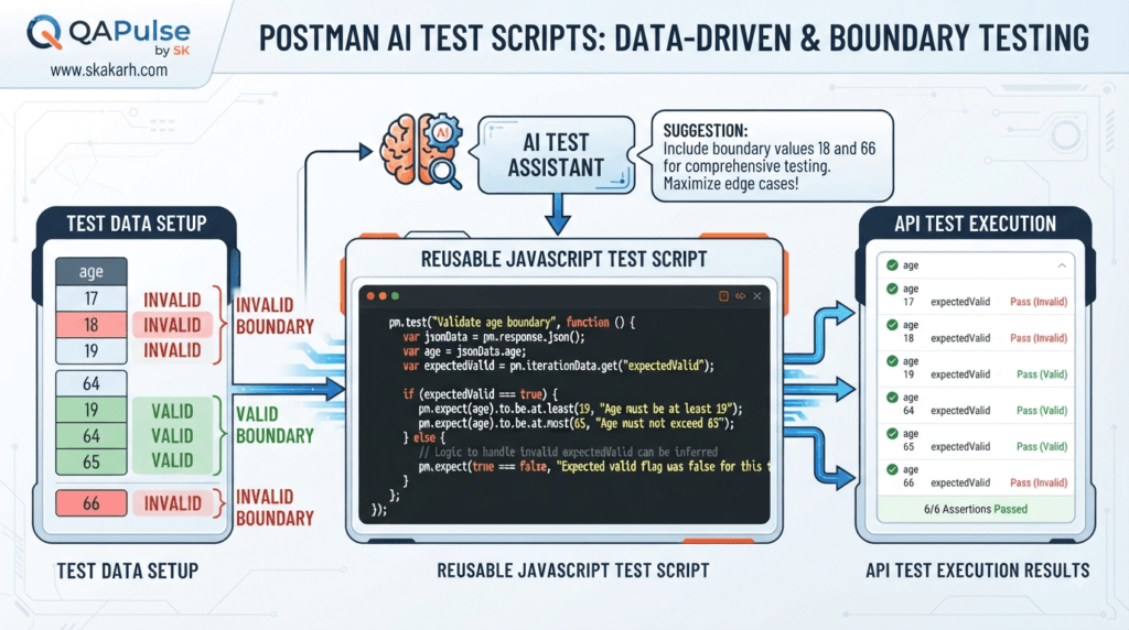 Postman AI Test Scripts: Generate Smarter JavaScript Assertions 5 Postman AI Test Scripts using data-driven and boundary-value API testing