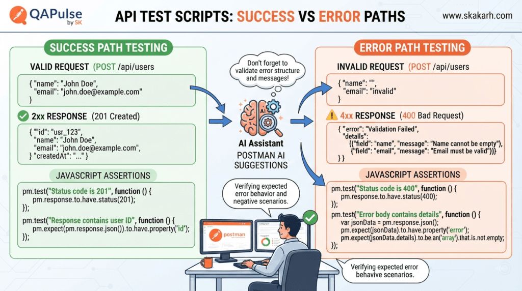 Postman AI Test Scripts: Generate Smarter JavaScript Assertions 8 Postman AI Test Scripts validating successful API responses and structured error handling