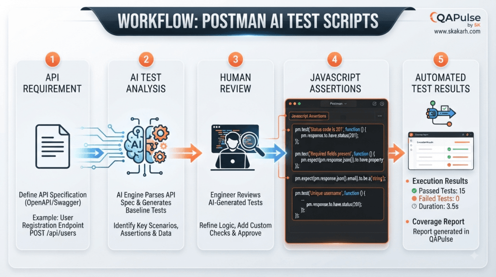 Postman AI Test Scripts: Generate Smarter JavaScript Assertions 2 Postman AI Test Scripts workflow from API requirements to JavaScript assertions and automated results
