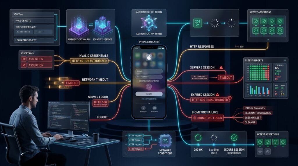 Premium Technical visualization for an enterprise iOS authentication testing framework