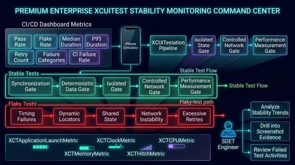 XCUITest Test Stability: Building Fast, Reliable, and Flake-Free iOS UI Tests Premium technical visualization for an advanced iOS XCUITest stability engineering