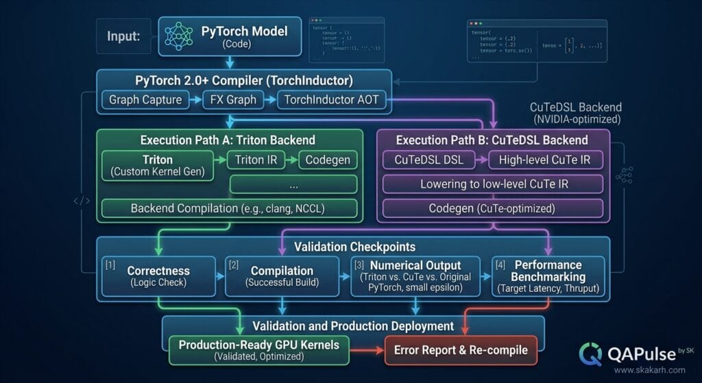 PyTorch 2.13.0: FlexAttention, FSDP2, and the New AI Performance Stack 3 PyTorch model entering TorchInductor and branching into Triton and CuTeDSL execution paths before reaching GPU kernels